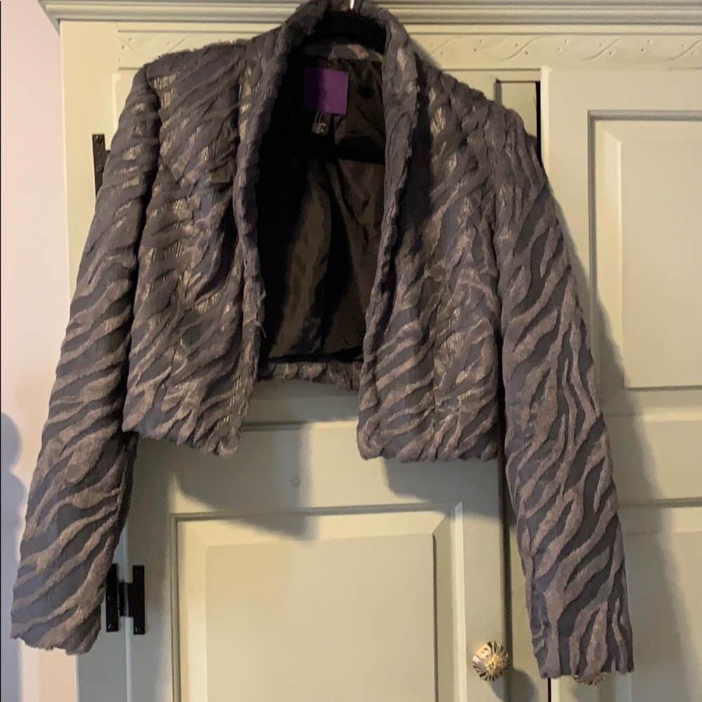 Cropped gray fuzzy zebra striped jacket